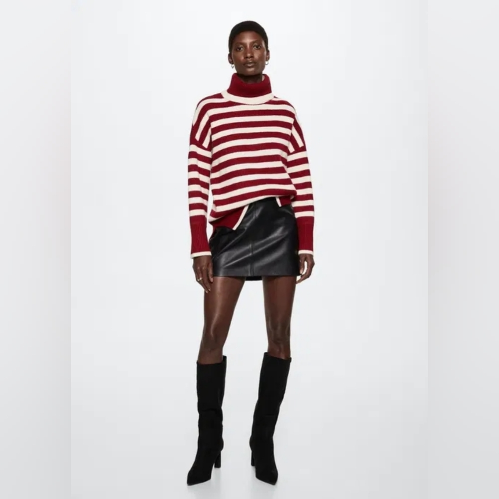 Mango Women's Red and White Striped Turtleneck Sweater Size XS